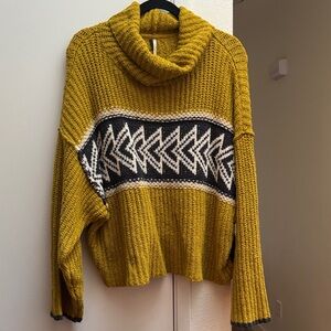Free People Cozy Mustard Knit Sweater with Geometric Pattern